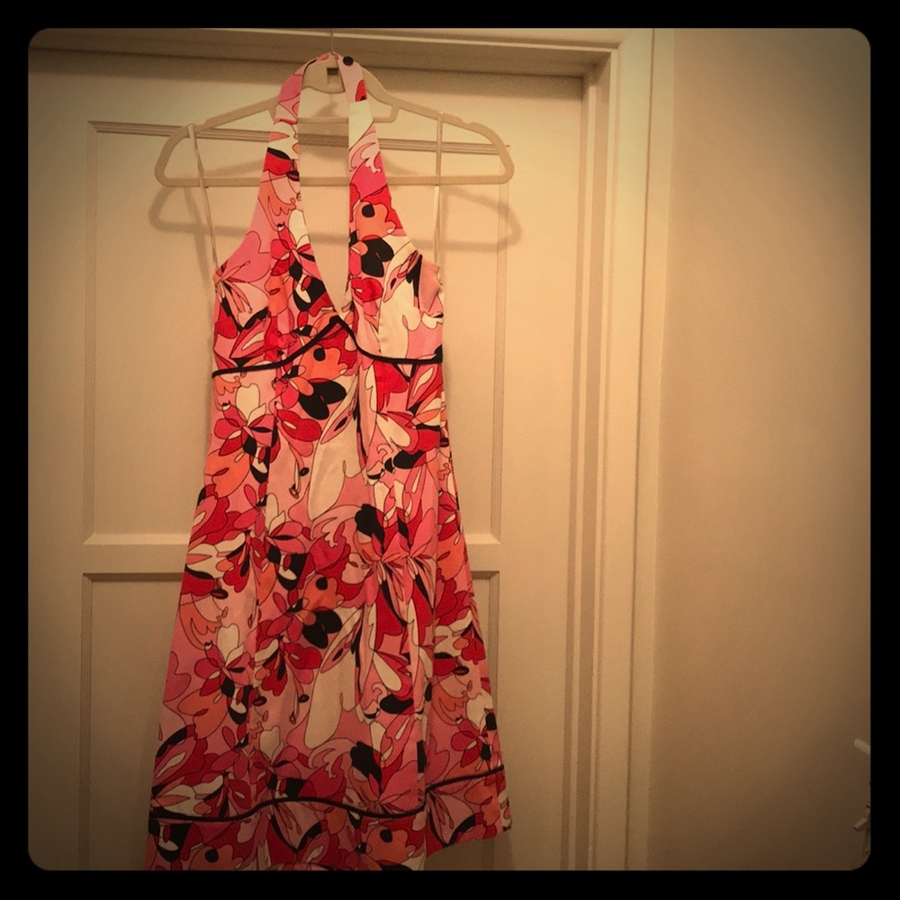 Robin Jordan Halter Dress in Pink Geo Floral Print